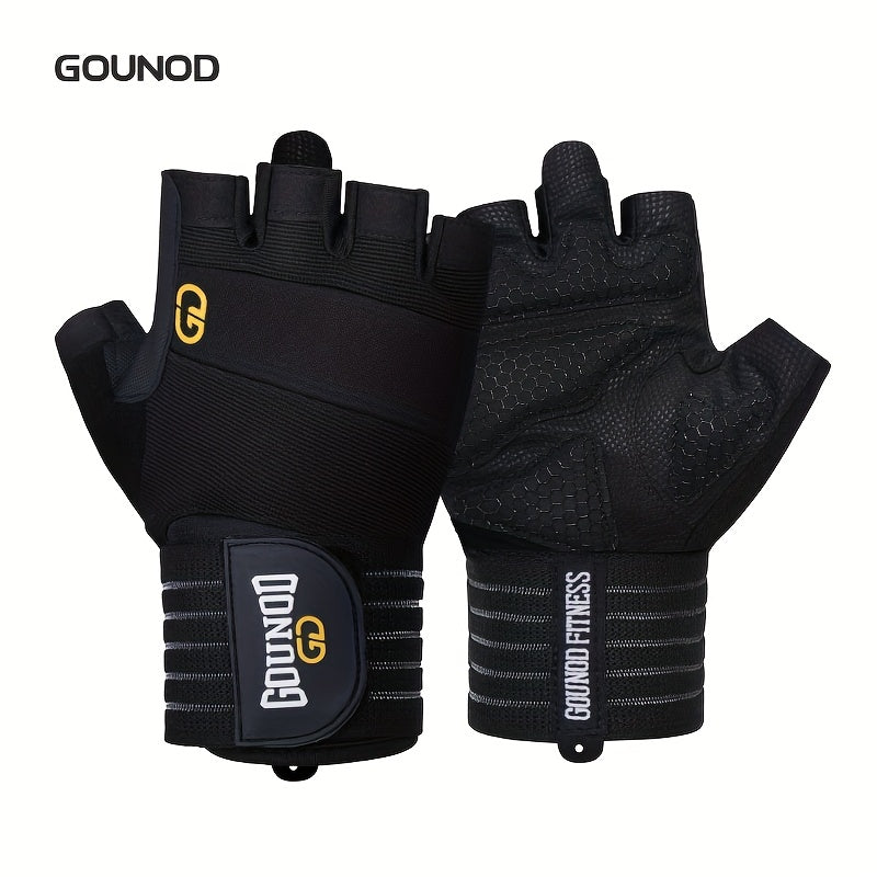 1 Par de Luvas de Halterofilismo GOUNOD - Reforço na virilha do polegar, Design resistente e antiderrapante, Fecho ajustável com velcro, Preto com detalhes em amarelo para fitness, desporto e musculação, acessórios para halterofilismo, luvas desportivas