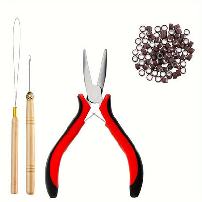 The cheapest hair extension kit on the whole network, equipped with 200 hair extension rings, 1 hair extension pliers, and 2 hair extension hooks