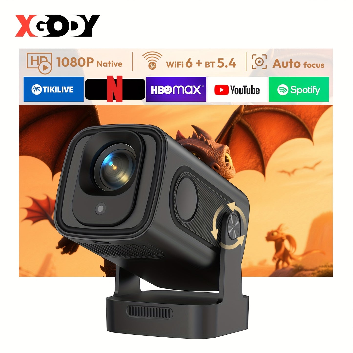 XGODY Gimbal 5 Pro Smart Beamer Black Projector, 350ANSI Brightness Native 1920*1080 Full HD 1080P Support 4K with Remote Control 100-50% Size Zoom And 180° Free Rotation Built-in Android 11.0 System WiFi 6 & Wireless BT 5.4