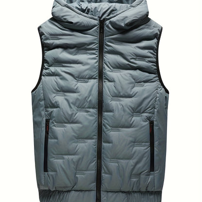 Colete térmico com capuz para homem moderno para o outono/inverno, estilo casaco casual sem mangas.