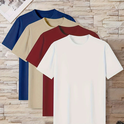 Conjunto de 4 t-shirts casuais para homem de cor sólida, estilo simples, manga curta e gola redonda, ideais para usar em casa, como pijama ou para atividades ao ar livre no verão.