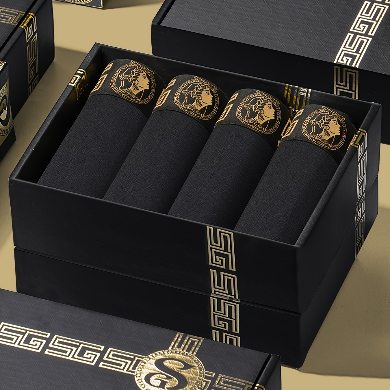 4pcs Black and Golden Boxer Briefs - Soft, Breathable Viscose, Comfortable Daily Wear for Men, Slim Fit with Elasticity, Solid Color Design, Casual Underwear|Boxer Briefs|Boxers as a Gift