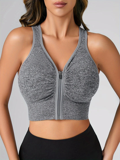 Women's Seamless Sports Bra With Zipper Front, Wide Shoulder Straps, Padded, Wire-Free, Comfort Fit, Racerback, Gym Fitness Yoga Bra Top