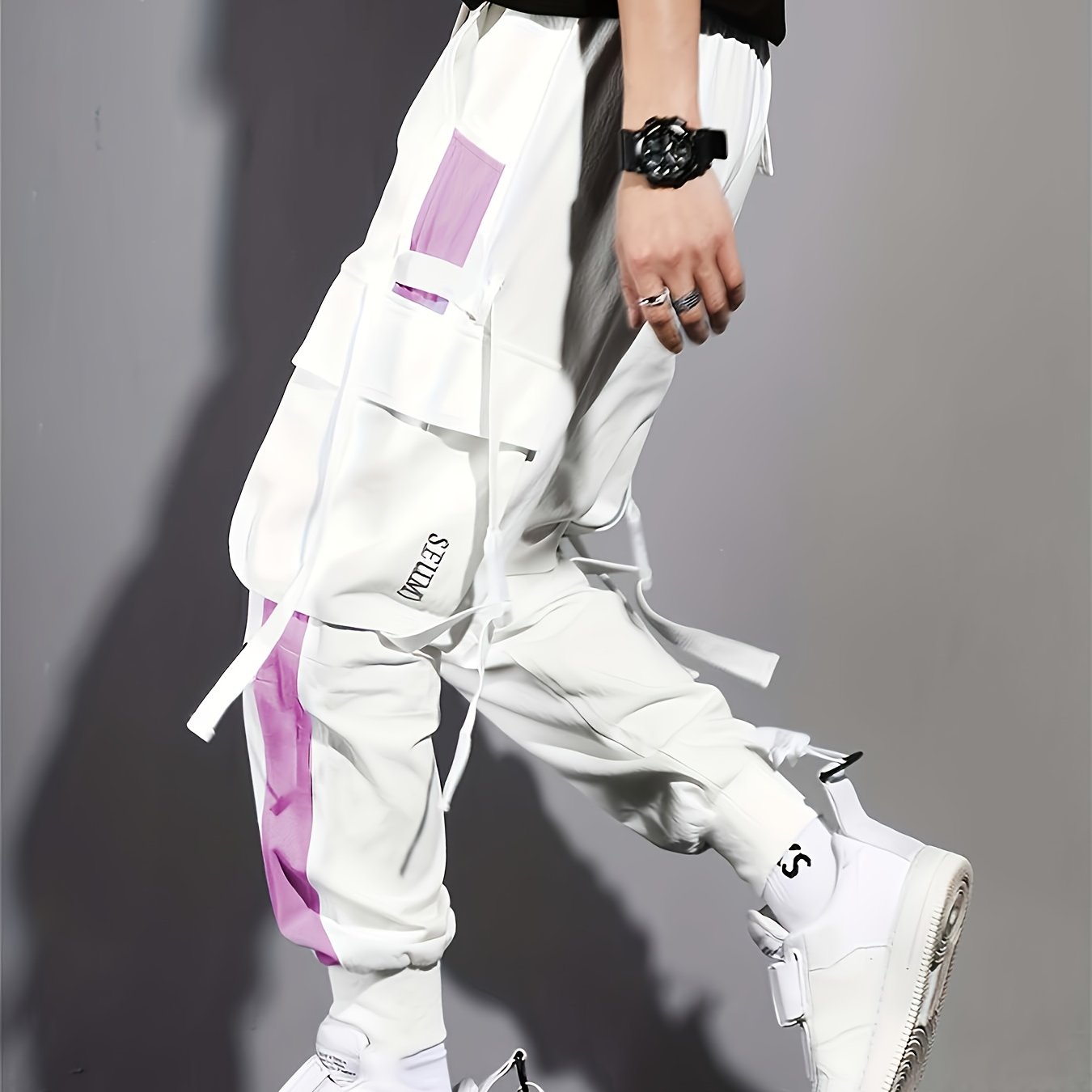 Multi-pocket Ribbon Design, Men's Color Block Cargo, Trendy Comfy Jogger Pants
