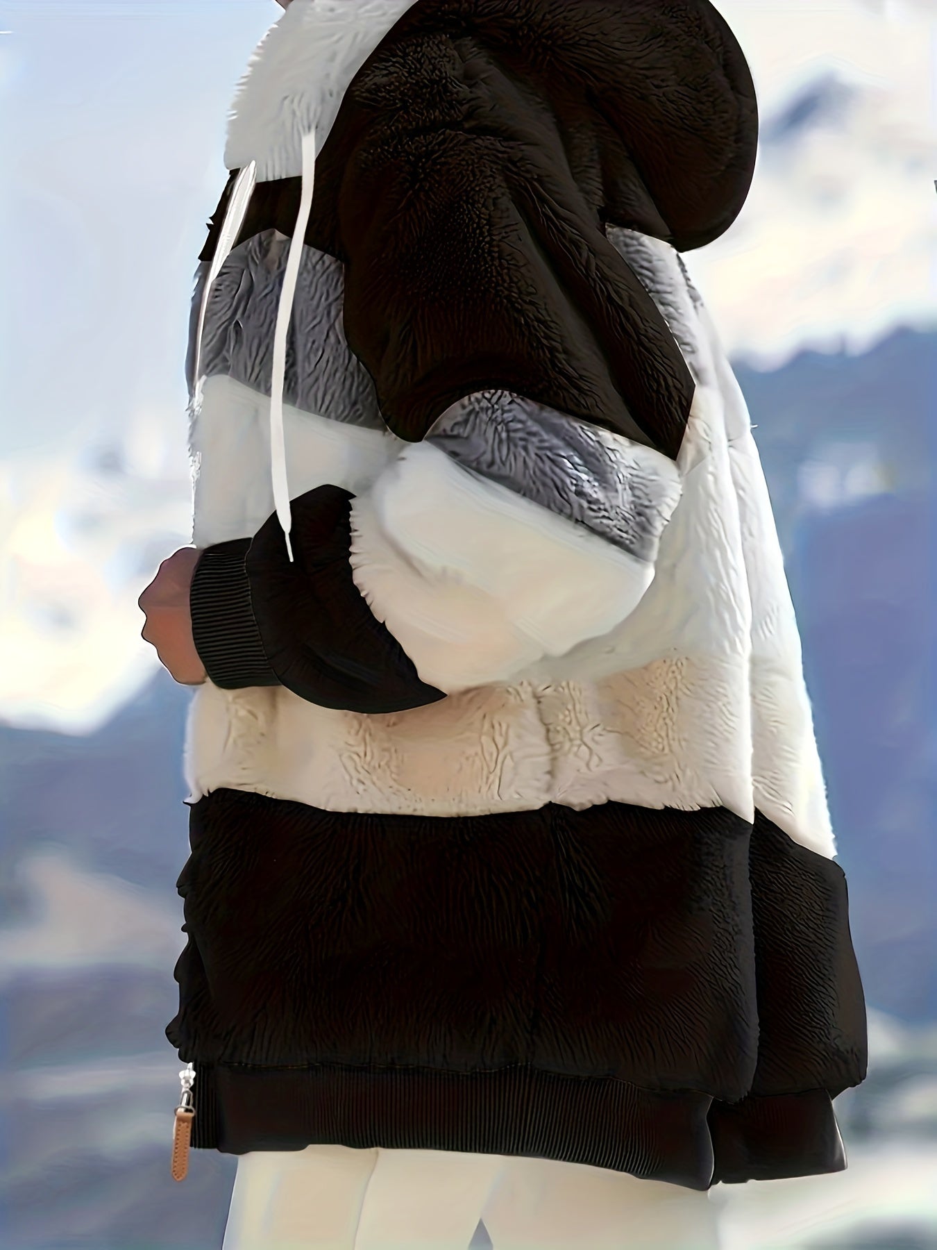 Women's Plush Faux Fur Hooded Jacket - Loose Fit Color Block Coat with Blue/Beige/White/Black Design, Long Sleeve Winter Warmth, Machine Washable for Casual & Formal Outfits, Ladies Winter Coats, Autumn Layering Piece, Formal