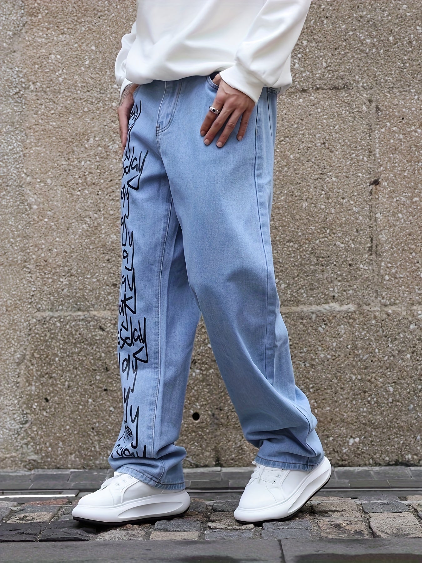 Men's Casual Letter Print Wide-Leg Jeans - Loose Fit, Rayon Blend Denim Pants for All Seasons