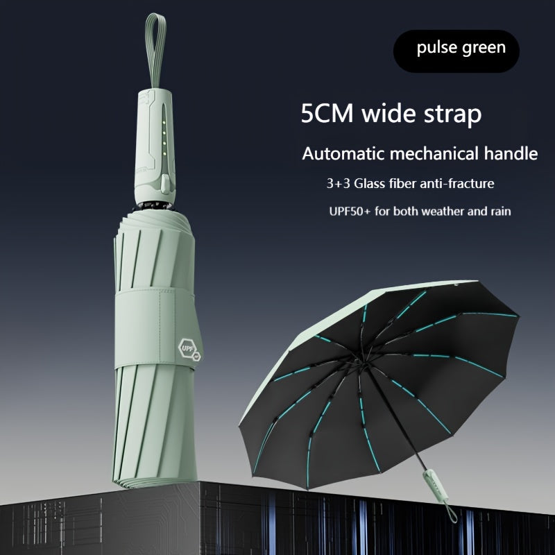 10 bone 3+3 glass fiber bone automatic folding umbrella, enlarged and thickened black rubber sunscreen coating, reinforced protective aluminum alloy skeleton, simple solid color design, unisex business sunshade dual-use umbre