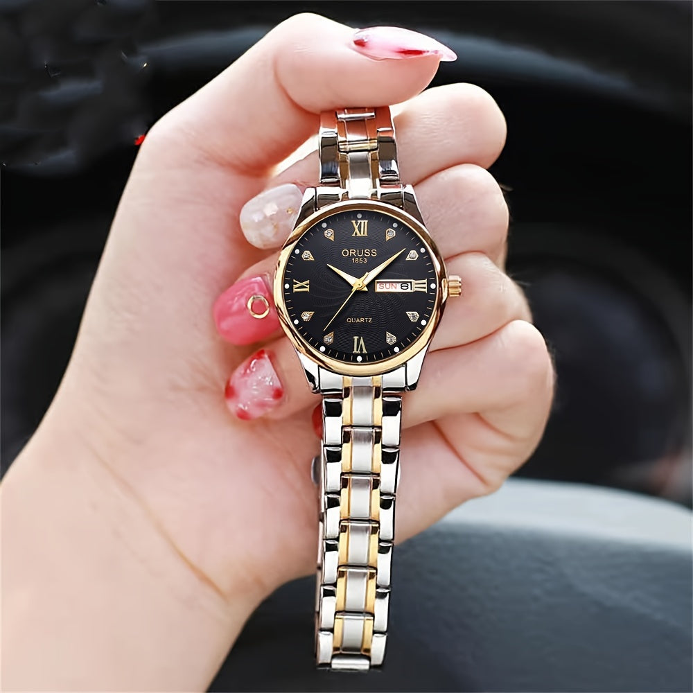 Luxury Rhinestone Decor Quartz Watch Waterproof Calendar Luminous Analog Wristwatch For Daily Life Business Travel Vacation Date Watch