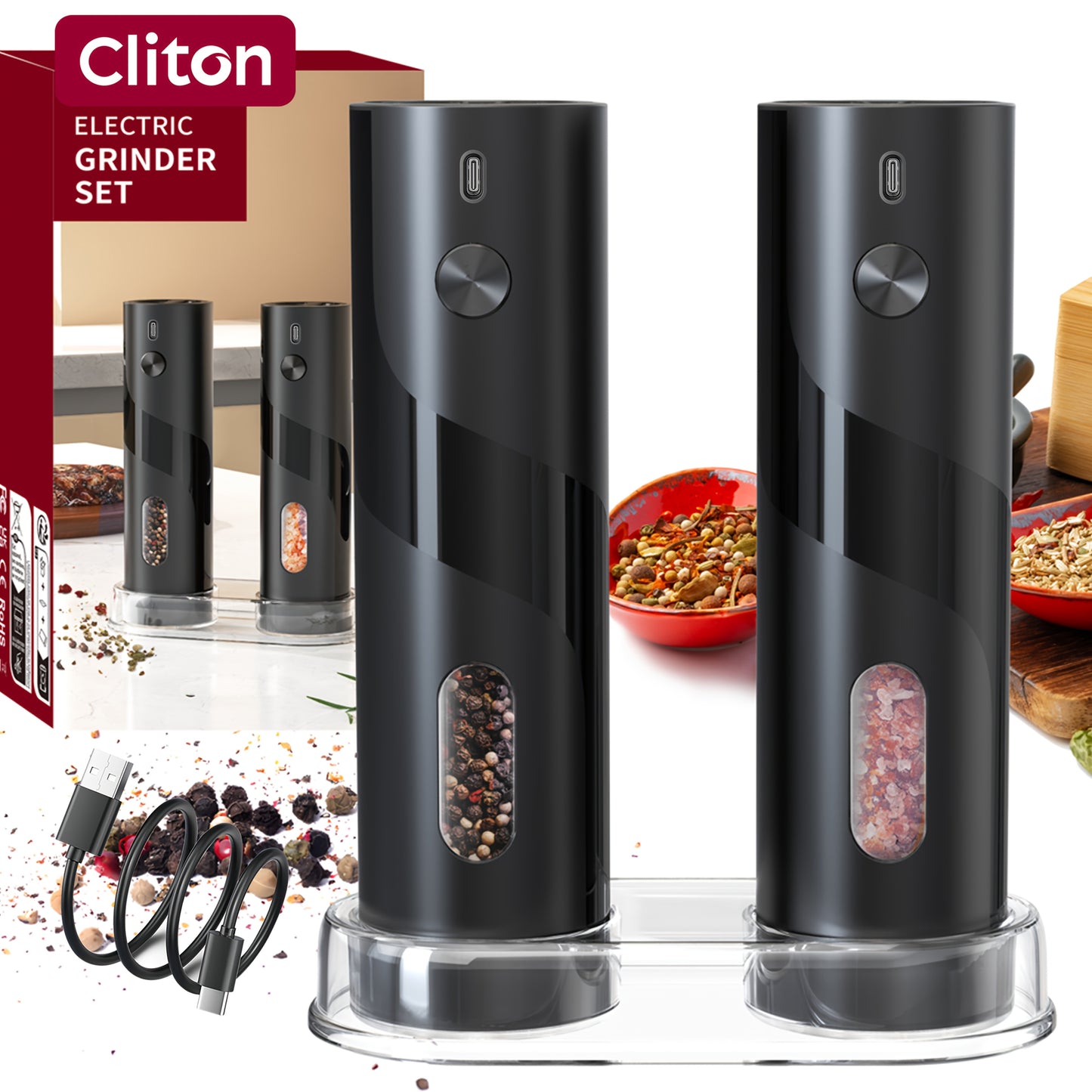 1pc/2pcs - CLITON Rechargeable Salt And Pepper Grinder Set, Salt And Pepper Grinder Electric 2pcs, Rechargeable Salt And Pepper Shakers Set, Electric Salt And Pepper Container, USB Rechargeable with LED Light, Multiple Style