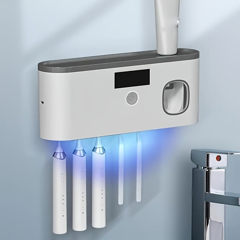 1pc Smart Toothbrush Sanitizer with Automatic Toothpaste Dispenser, Wall-Mounted UV Sterilization Holder, 5-Slot Storage, Durable Plastic, USB Rechargeable Lithium Battery, Bathroom Organization and Home Decor, Toothbrush Hol