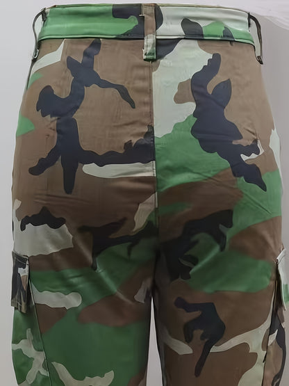 Calças de ganga cargo direitas de cintura subida com estampado camuflado, tecido médio elástico, bolso lateral com pala, cintura subida, calças de ganga femininas e roupa.