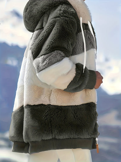 Women's Plush Faux Fur Hooded Jacket - Loose Fit Color Block Coat with Blue/Beige/White/Black Design, Long Sleeve Winter Warmth, Machine Washable for Casual & Formal Outfits, Ladies Winter Coats, Autumn Layering Piece, Formal