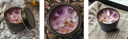 Elegant Lavender Scented Candle in Black Tin - Aesthetic Purple Crystals & Petals Design, Soft Fragrance Natural Soy Wax - Ideal for Relaxation & Home Decor, Perfect Women's Gift, Relaxation Candle|Spa Atmosphere Candle|Black