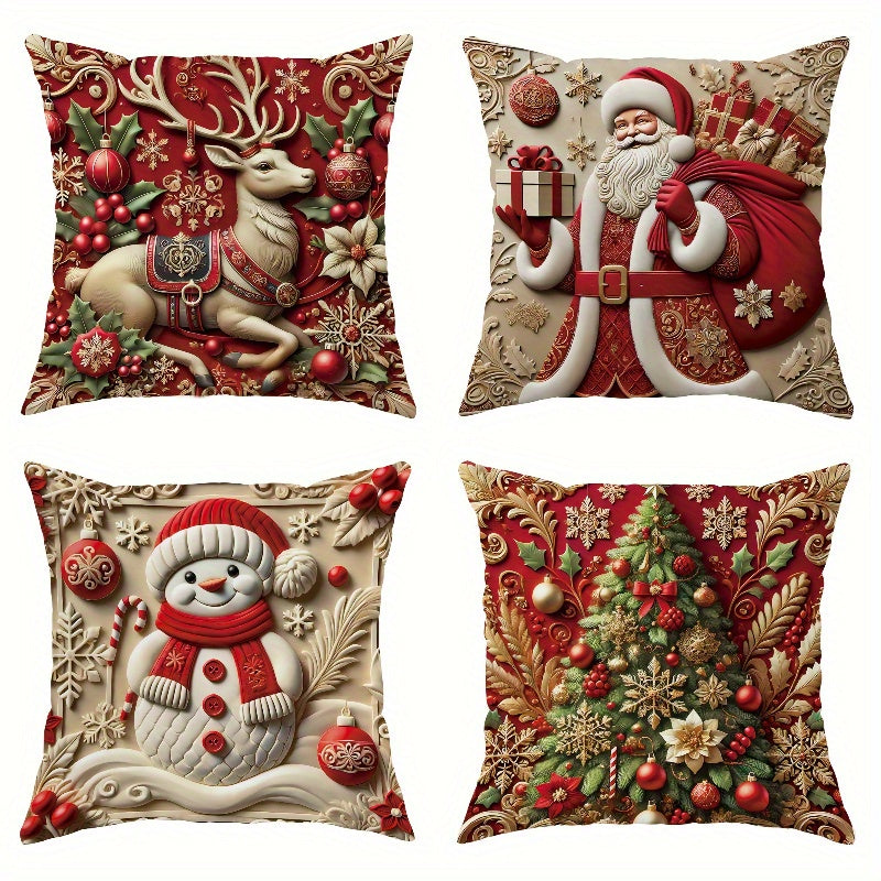 4pcs Festive Velvet Throw Pillow Covers, Christmas Santa, Reindeer, Snowman, and Tree Designs, Soft Comfortable Cushion Cases for Home Sofa and Bed Decor, Contemporary Style, Zippered Linen Fabric, Machine Washable