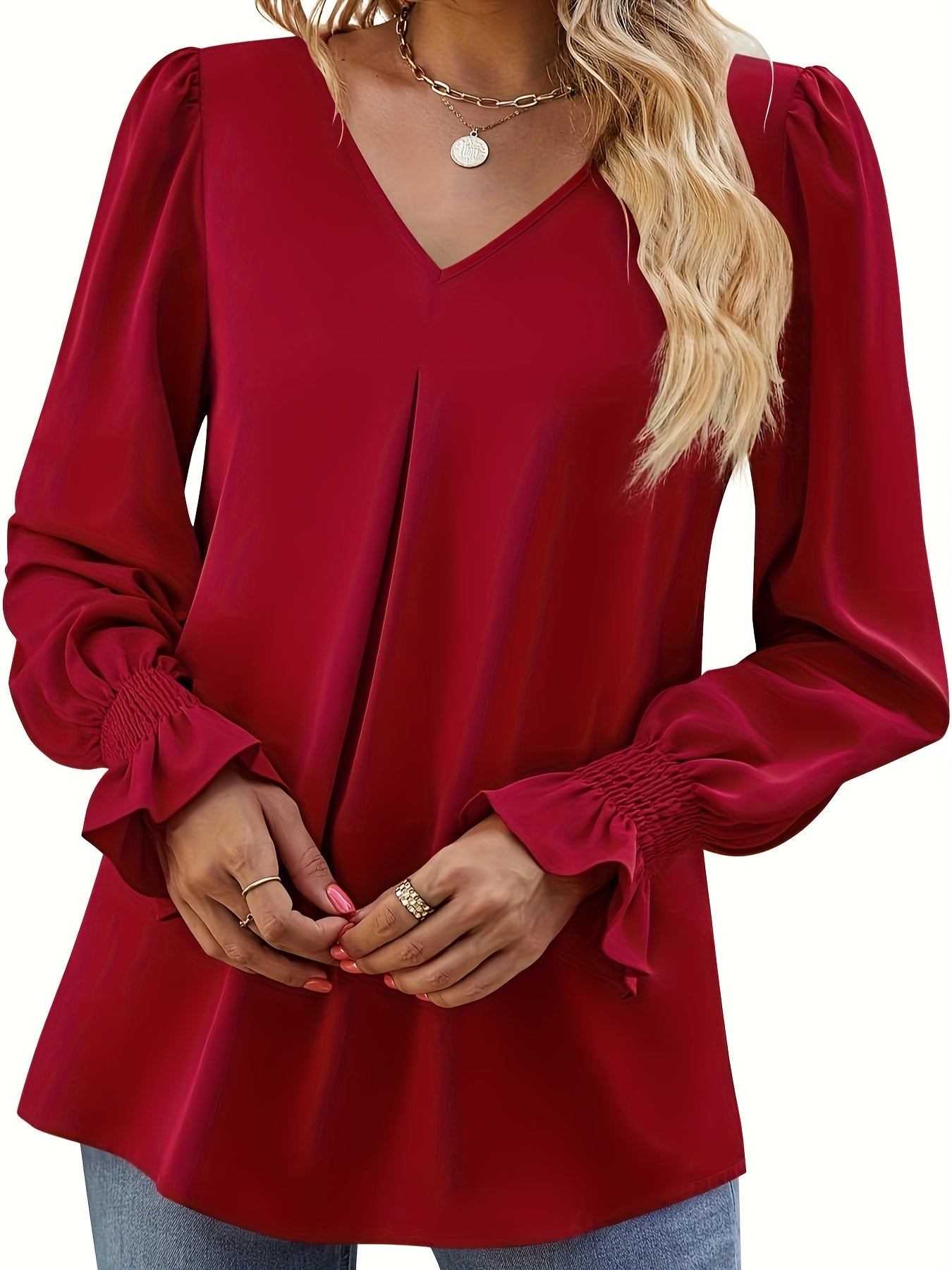 Solid V Neck Simple Blouse, Elegant Long Sleeve Ruched Blouse, Women's Clothing
