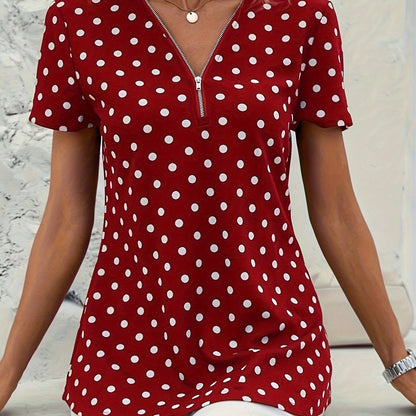 Polka Dots Print V Neck Blouse, Elegant Zipper Front Short Sleeve Blouse For Spring & Summer, Women's Clothing