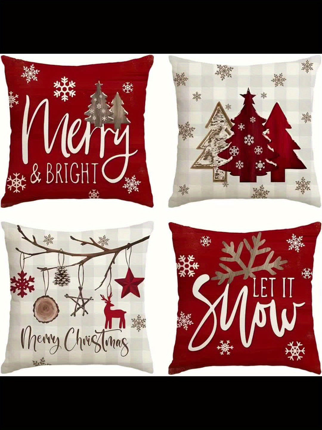 Conjunto de 4 capas de almofada Merry &amp; Bright Christmas Let It Snow com estampado xadrez buffalo e flocos de neve, além de árvores de Natal vermelhas para decoração de sofás e cadeirão.
