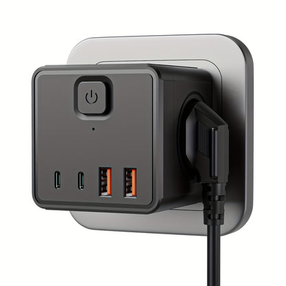 Régua de tomadas de parede 7 em 1, padrão europeu, com 3 tomadas AC, 2 portas USB, 2 portas Type-C e 1 interruptor. Ideal para casa, escritório, viagens e utilização com computador. Disponível nas cores branco e preto.