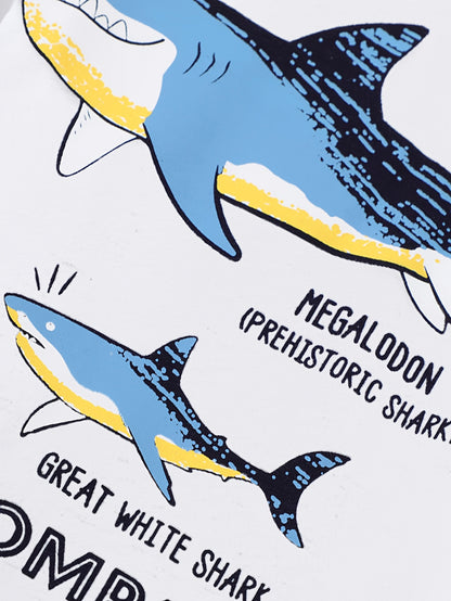LITTLE BITTY Boys' Cotton Long Sleeve Crew Neck T-Shirt, Cartoon Shark Pattern, Casual Skinny Fit, Breathable Knit Fabric, Regular Sleeve, for Hiking & Outdoor, Weekend Casual Wear - Spring/Summer Collection