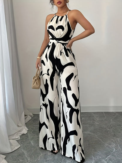 Elegante macacão feminino com ombros à mostra, estampado abstrato a preto e branco, pernas largas e atilhos na cintura - tecido de poliéster, perfeito para as férias e para um toque de elegância no dia a dia.