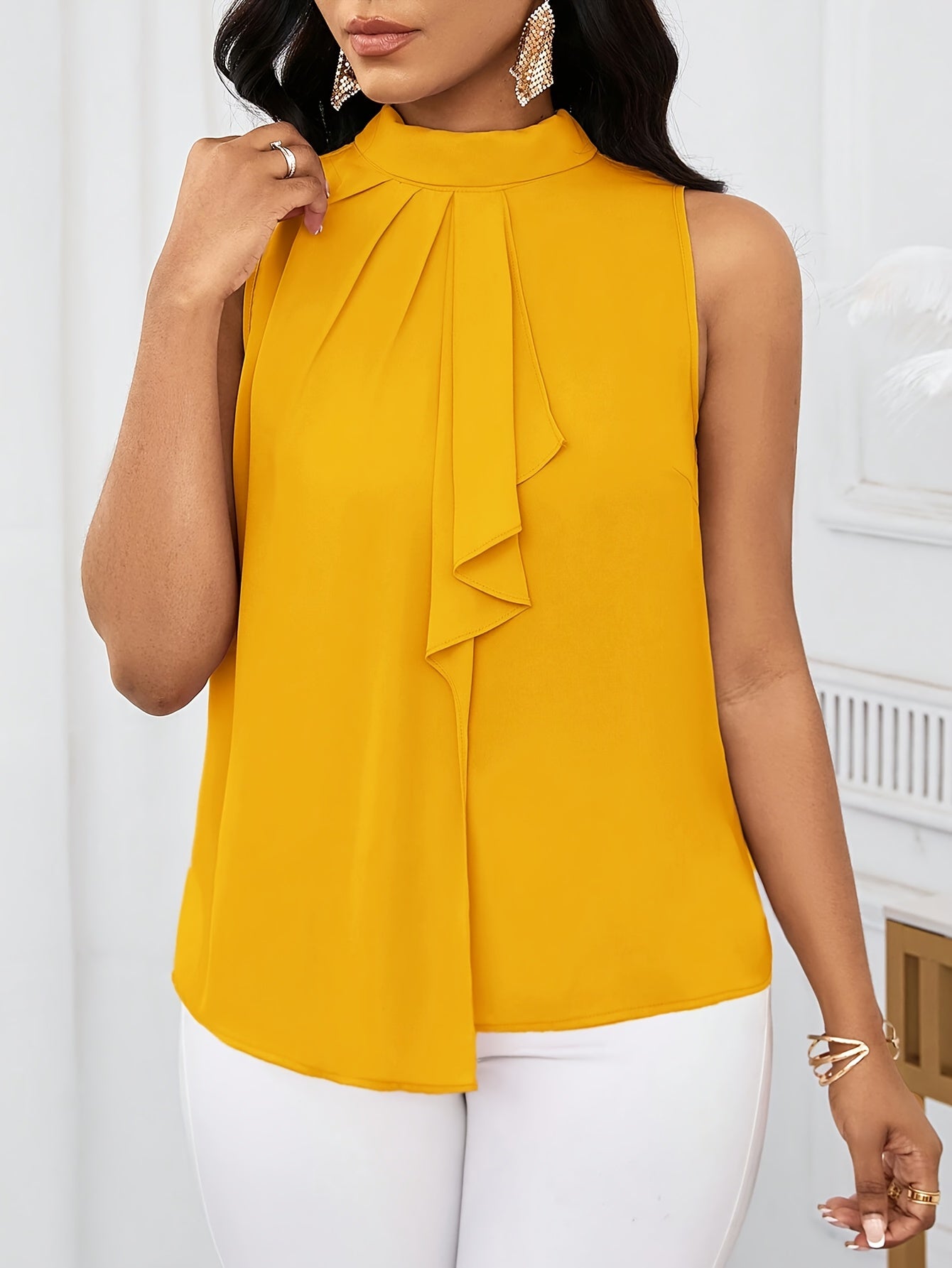 Women'S Fashion Solid Color High Neck Sleeveless Top, 100% Polyester, Lace-Up Detail, Woven Fabric, 120g/m², Regular Length, All-Season Wear