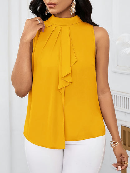 Women'S Fashion Solid Color High Neck Sleeveless Top, 100% Polyester, Lace-Up Detail, Woven Fabric, 120g/m², Regular Length, All-Season Wear