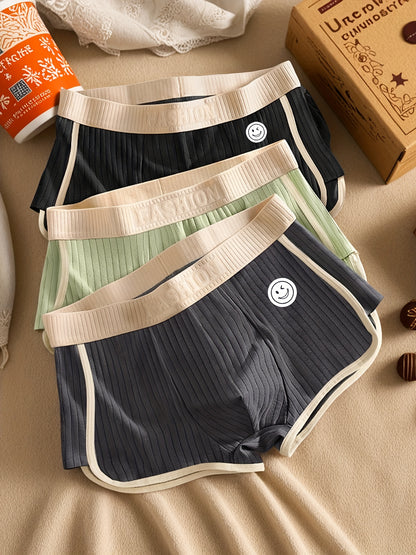 3pcs Men'S Boxer Briefs - Breathable, Comfortable, Stretchy Ribbed Striped Underwear in, Green, and, Perfect for Casual Attire or Sports, Comfortable Underwear | Ribbed Texture | Medium Elasticity