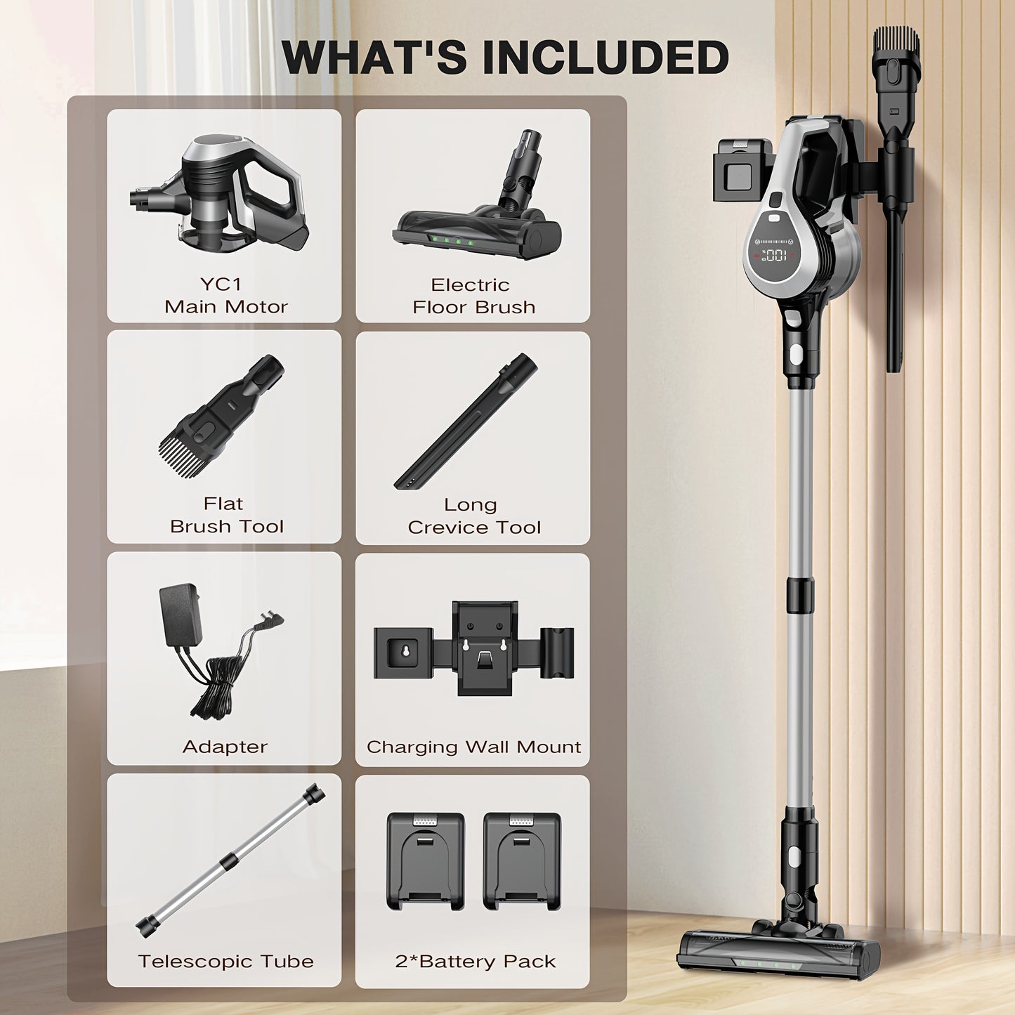 MOOSOO YC1 Pro Cordless Vacuum with LED Display, 2 Batteries, 6In 1 Lightweight Stick Design, High Suction for Carpet, Hard Floor & Pet Hair, Ergonomic Handle, Durable Construction, Cordless Vacuum Cleaner, Home Cleaning Aid,