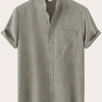 Solid Color Men's Short Sleeve Stand Collar Shirt, Men's Casual Button Up Shirt For Summer Outdoor