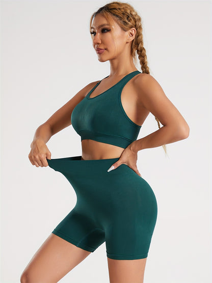 2pcs Yoga Workout Set, Criss Cross Sports Bra & High Waist Fitness Running Sports Shorts, Women's Activewear