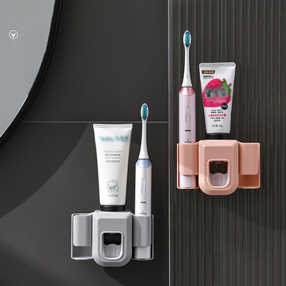 1pc Toothbrush Holder With Automatic Toothpaste Dispenser, Wall Mounted Toothbrush Storage Rack, Punch-free Toothbrush Storage Organizer, Multifunctional Electric Toothbrush Holder, Bathroom Accessories