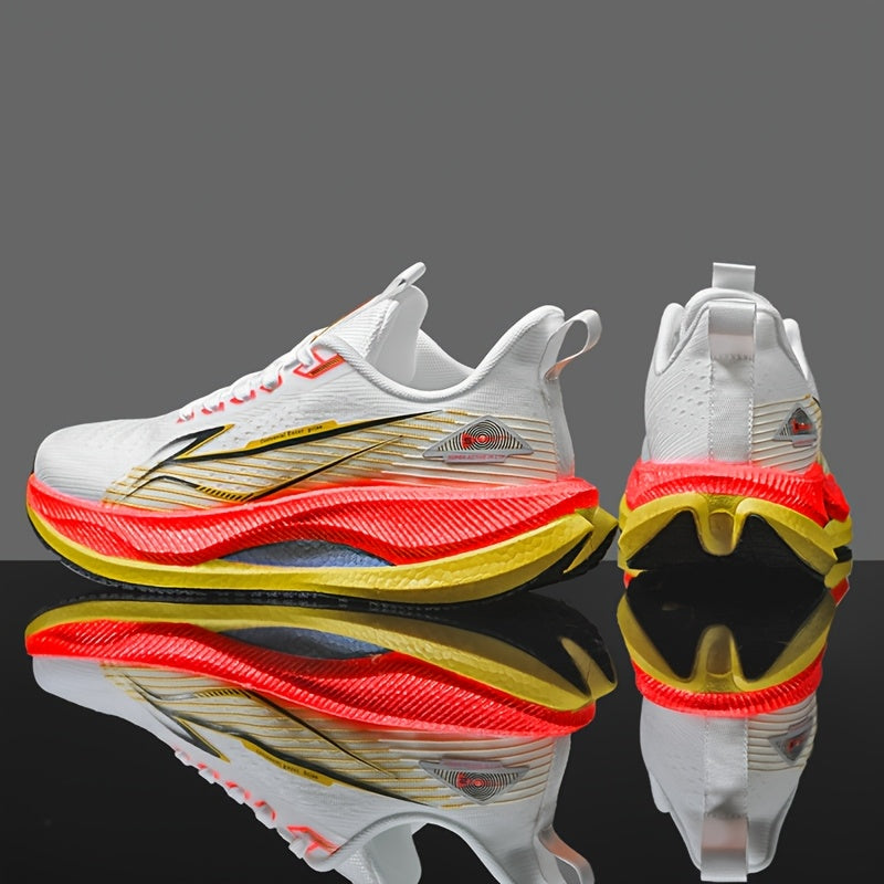 Men's All-Season Running Shoes - Breathable Knit Gym Sneakers with Cushioned MD Sole, Non-Slip Grip - Lightweight Sneakers for Marathon, Training, Everyday - White/Green/Orange Accent - Lace-Up Closure, Marathon Footwear, Geo