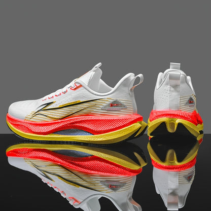 Men's All-Season Running Shoes - Breathable Knit Gym Sneakers with Cushioned MD Sole, Non-Slip Grip - Lightweight Sneakers for Marathon, Training, Everyday - White/Green/Orange Accent - Lace-Up Closure, Marathon Footwear, Geo