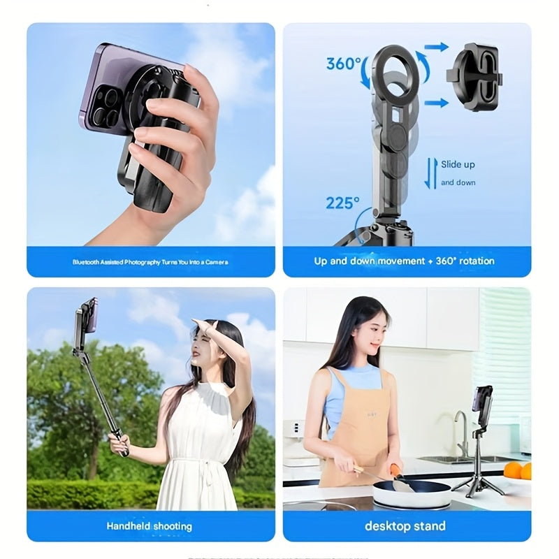 Stick de selfie multifunções 4 em 1 com controlo remoto sem fios | Combinação dupla de clipe magnético e para telemóvel, rotação de 360°
