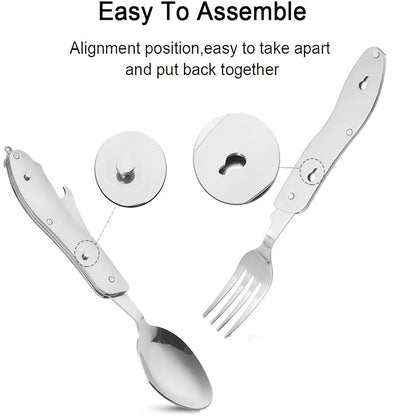 Stainless Steel 4-in-1 Outdoor Tableware Set with Folding Spoon, Fork, Knife, and Bottle Opener - Perfect for Camping, Picnics, Hiking, and Travel