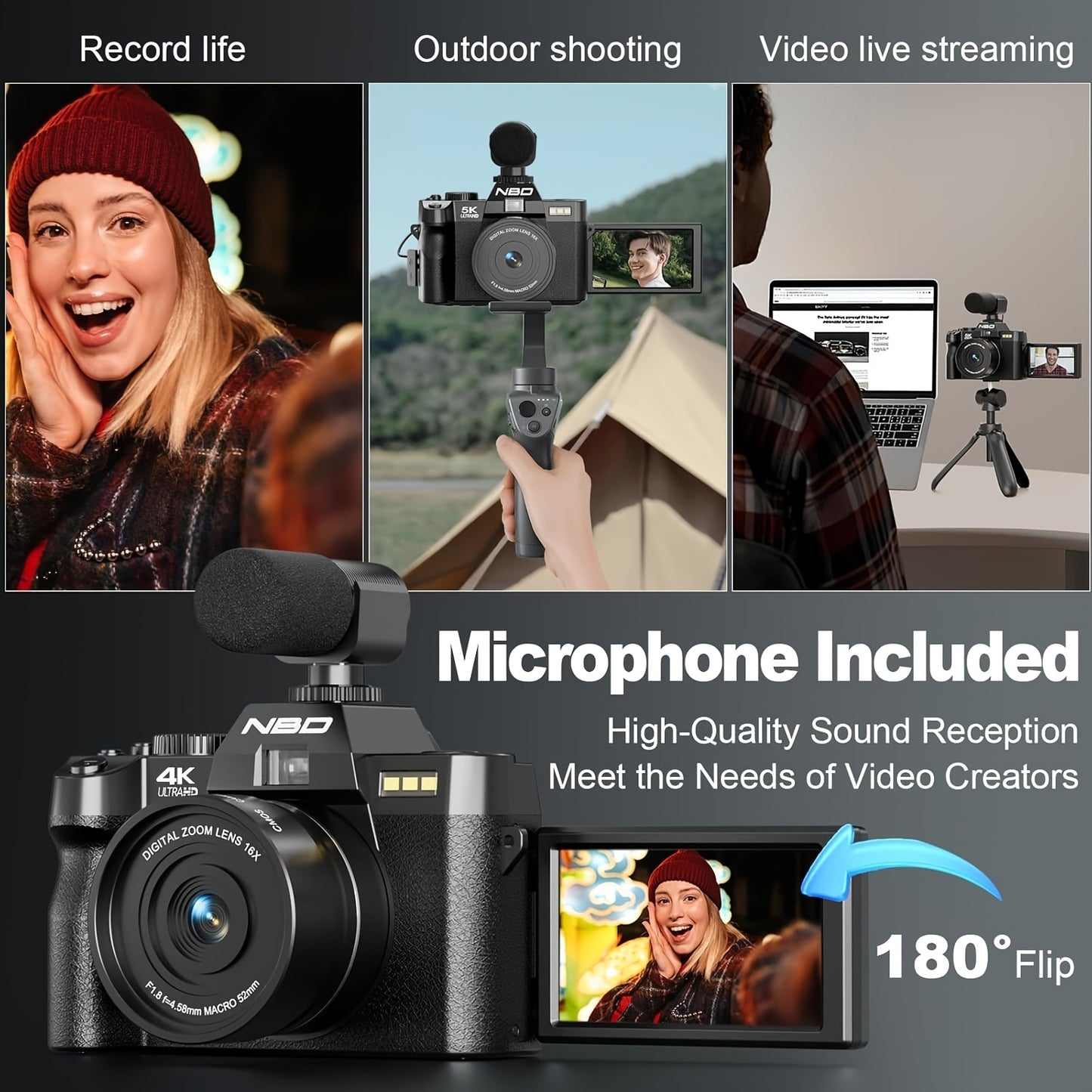 NBD 48MP Digital Cameras for Photography with WiFi & App Control, 4K Autofocus Vlogging Camera for YouTube with 16X Zoom, Anti-Shake, 32GB TF Card, Dual Batteries, 52mm Wide Angle & Macro Lens