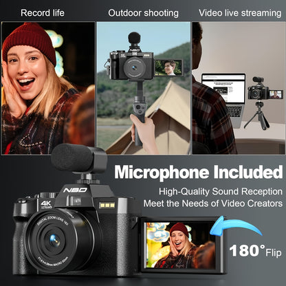 NBD 48MP Digital Cameras for Photography with WiFi & App Control, 4K Autofocus Vlogging Camera for YouTube with 16X Zoom, Anti-Shake, 32GB TF Card, Dual Batteries, 52mm Wide Angle & Macro Lens