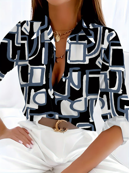 Geo Print Button Front Shirt, Casual Long Sleeve Blouse For Spring & Fall, Women's Clothing