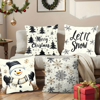 Set of 4 Christmas Throw Pillow Covers - Contemporary Style, 45.72x45.72 cm, Zipper Closure, Machine Washable, Polyester Decorative Pillowcases for Living Room, Holiday Snowman & Tree Design, Woven Fabric, Pillow Insert Not I