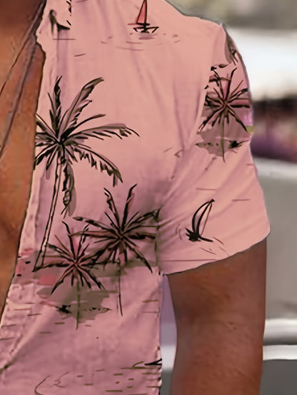 Camisa de homem de manga curta com estampado de coqueiros, ideal para o dia a dia em resorts e para a praia.