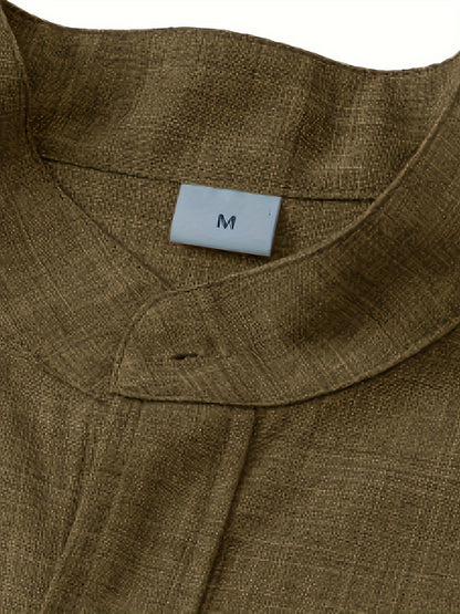 Solid Color Men's Short Sleeve Stand Collar Shirt, Men's Casual Button Up Shirt For Summer Outdoor