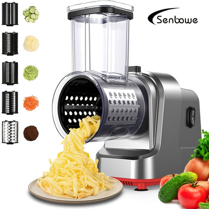 SENBOWE 5-in-1 Electric Cheese Grater & Salad Maker - Versatile Kitchen Gadget with 5 Blades for Perfect Slices, Shreds & Chops - Ideal for Cheese, Vegetables, Nuts & More - Stainless Steel, EU Plug