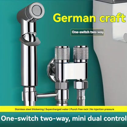 A Handheld Bathroom Cleaning Kit Equipped With A Dual-mode Spray Gun And Extendable Hose, With A Diverter And Wall Bracket, Used For Toilet Flushing, Multifunctional Bathroom Spraying, And One In Two Out Control Valve