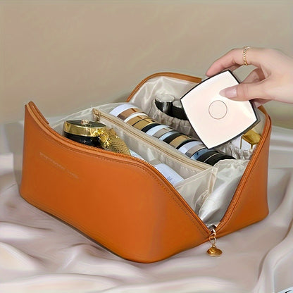 1pc Fashionable Artificial Leather Makeup Bag, Portable Travel Cosmetic Organizer with Handle, Large Capacity Toiletry Storage Pouch, Ideal for Christmas, Halloween, Thanksgiving Gift - No Fragrance