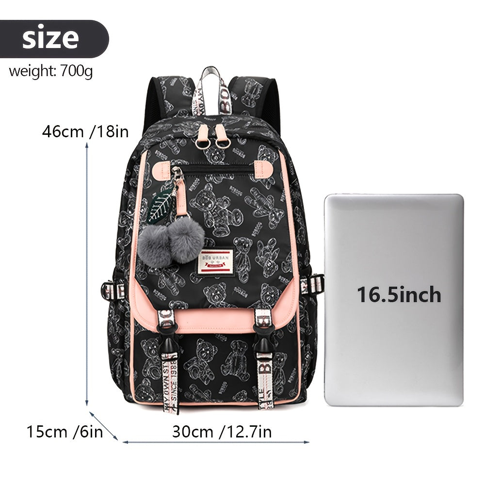 A set of youth vintage printed fashion backpacks, suitable for girls' campus commuting, travel backpack with a capacity of about 25 liters (height about 46cm), can hold a laptop, and the print position is random