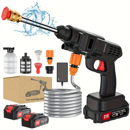 Cordless High Pressure Cleaning Gun Self-priming Continuous Spray Foam Water Gun, 5m Hose & 2 Rechargeable Lithium Battery, 3in 1 Nozzle, Electric Portable Washer Machine, Suitable for Washing Cars, Clean The Garden & Floor A