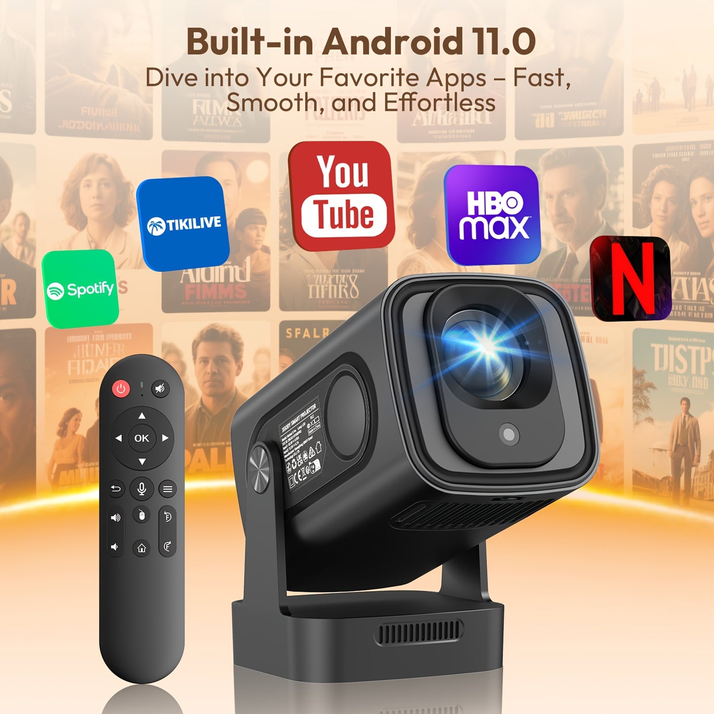 XGODY Gimbal 5 Pro Smart Beamer Black Projector, 350ANSI Brightness Native 1920*1080 Full HD 1080P Support 4K with Remote Control 100-50% Size Zoom And 180° Free Rotation Built-in Android 11.0 System WiFi 6 & Wireless BT 5.4