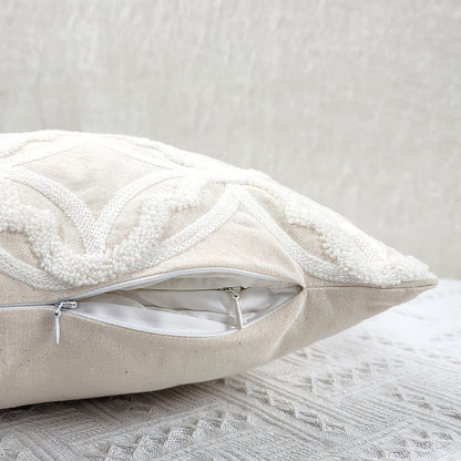 1pc Geometric Pattern Towel Embroidery Cushion Cover, Beige Base Fabric with White Embroidery