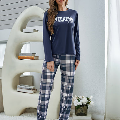 Women's round-neck printed long-sleeve top, plaid pants, pajamas, and loungewear