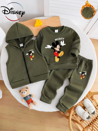Boys' Autumn/Winter New Three-Piece Set with Mickey Mouse Classic Cartoon Print Long-Sleeve Round Neck Hoodie and Zip-Up Sleeveless Top, Matching Printed Sweatpants - Fleece-Lined Thickened Warm Comfortable Outfit for Parties